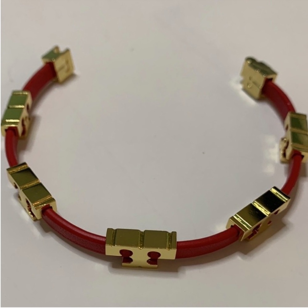 Tory Burch Red leather wrap and Gold single Ts logo Bracelet - Picture 3 of 6